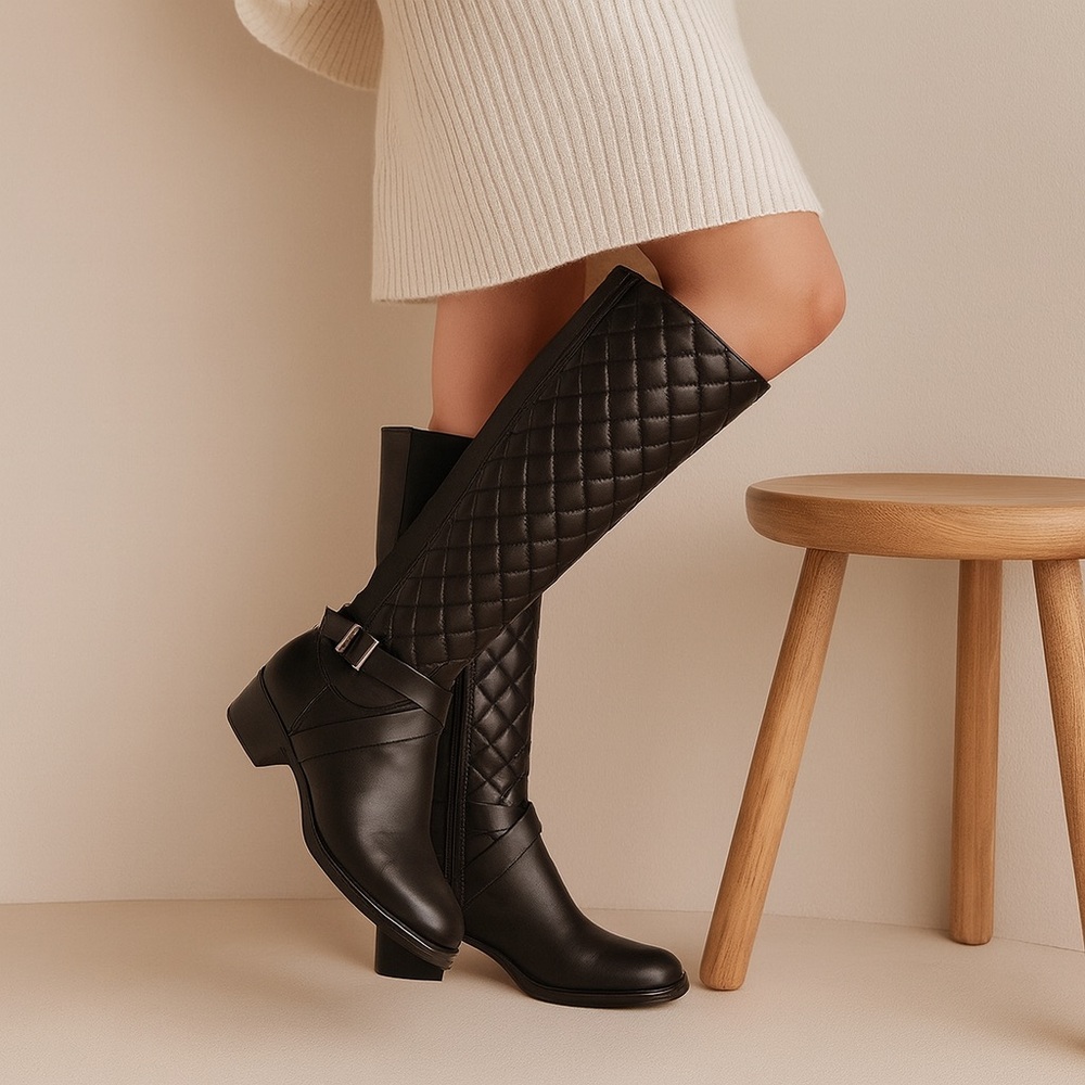 Andre Assous Black Quilted Tall  Leather Boots Size 37